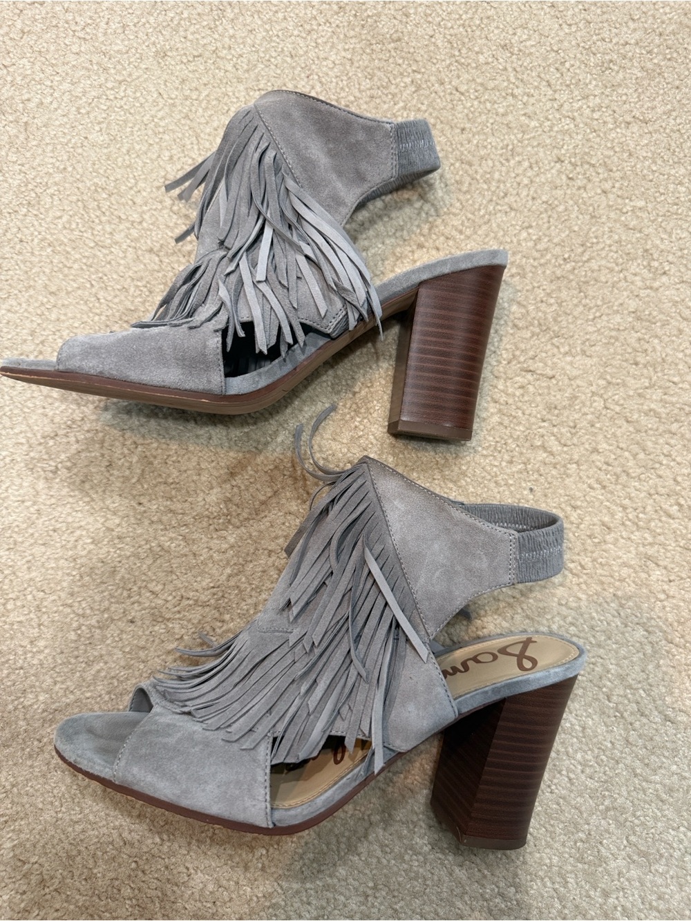 Sam Edelman Gray Suede Fringe Block Heel Sandals with Stacked Heel - Picture 4 of 5